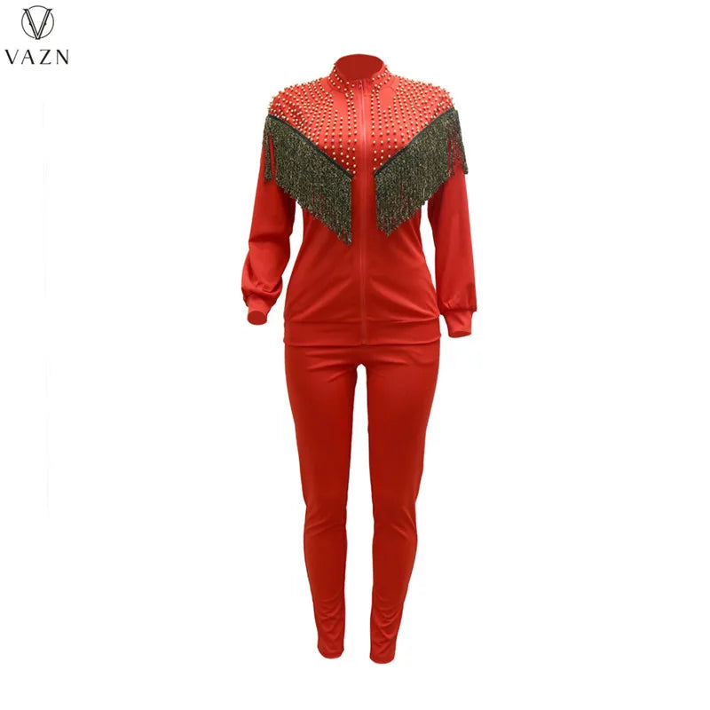 VAZN New 2021 Ladies Spring Fashion Street Casual Style Women Suit Long Sleeve Zipper Top Elastic Long Pants Two Piece Sets