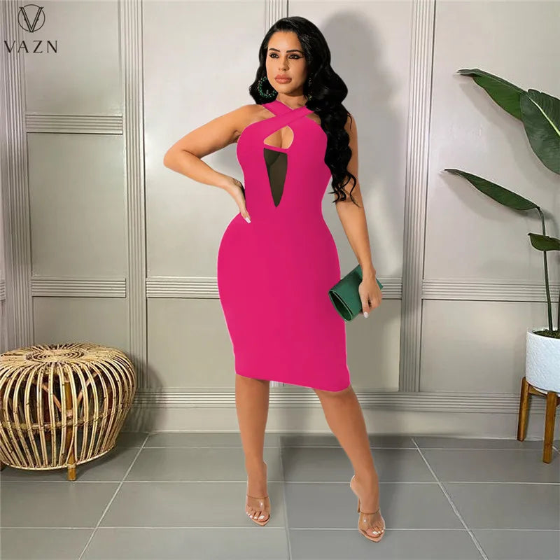 VAZN 2022 Pure Color Lady Dress Women Fashion New Street Girl Style Long Dress Sleeveless V Neck Mid Long Dress