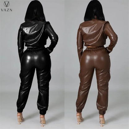 VAZN 2022 Women Fashion Hot Sale Street Casual Style Sets Long Sleeve Lapel Top Buttons Long Pants Pure Color Women Suit