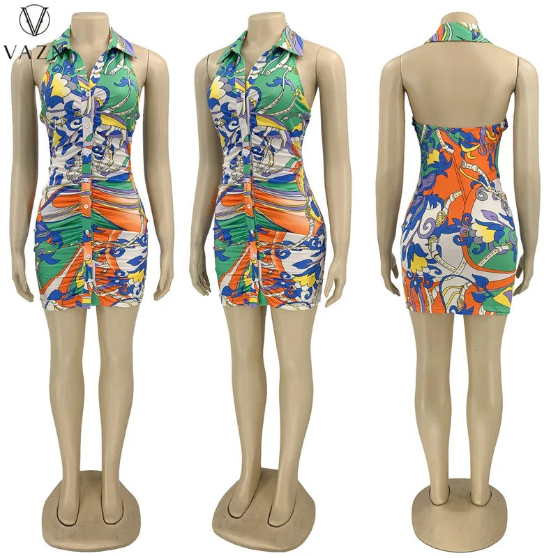 VAZN 2022 Dew Back New Fashion Women Sexy Street Style Short Dress Sleeveless Lapel Dress Printed Mini Short Dress