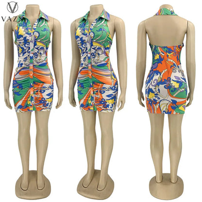 VAZN 2022 Dew Back New Fashion Women Sexy Street Style Short Dress Sleeveless Lapel Dress Printed Mini Short Dress