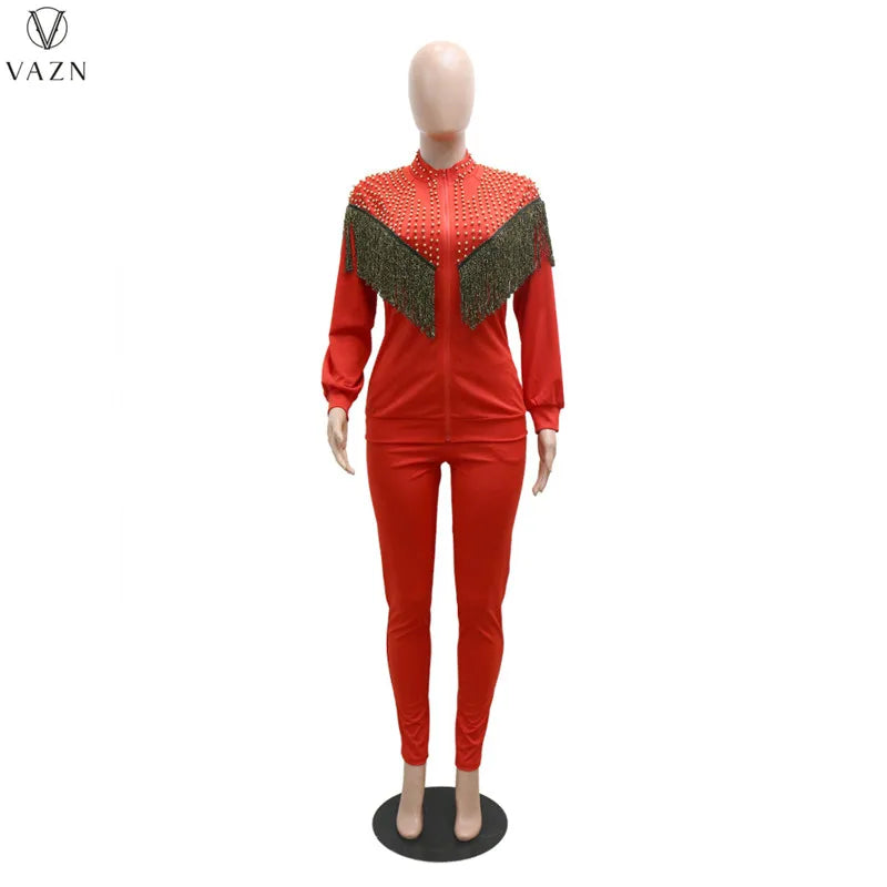 VAZN New 2021 Ladies Spring Fashion Street Casual Style Women Suit Long Sleeve Zipper Top Elastic Long Pants Two Piece Sets