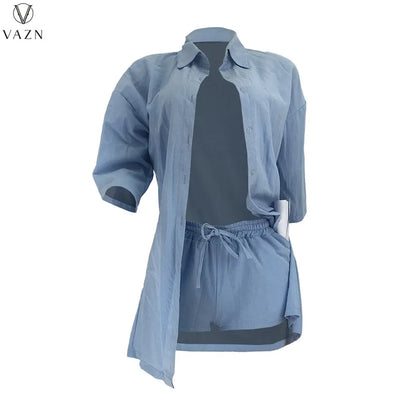 VAZN  2021 New Women Street Casual Style Sets Long Sleeve Lapel Shirt Elastic Short Pants Pure Color Two Piece Sets