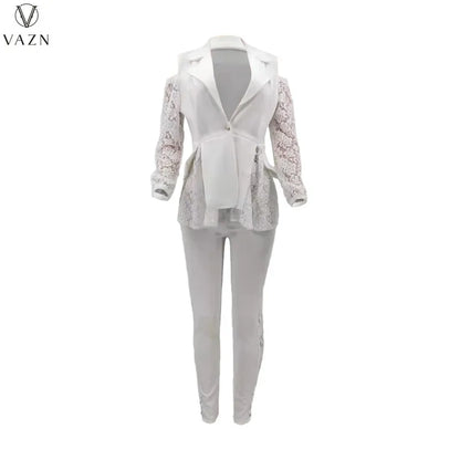 VAZN New 2021 Ladies Fashion Street Girl Style Women Suit Long Sleeve Lapel Top Elastic Long Pants Lace Two Piece Sets