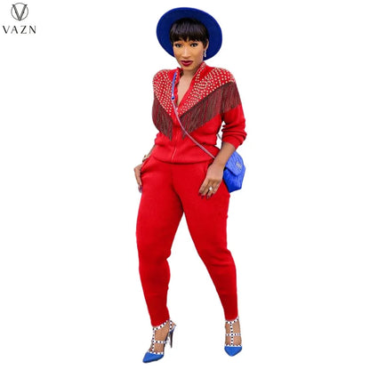 VAZN New 2021 Ladies Spring Fashion Street Casual Style Women Suit Long Sleeve Zipper Top Elastic Long Pants Two Piece Sets