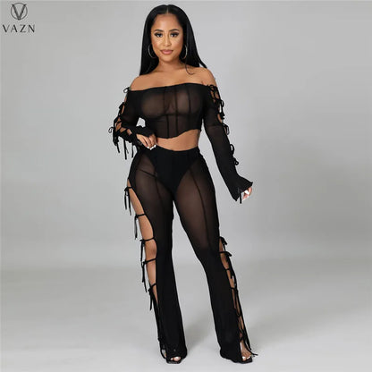 VAZN 2021 Lady Fashion New Sexy Girl Style Sets Long Sleeve Card Shoulder Short Top Elastic Long Pants Pure Color 2 Piece Sets