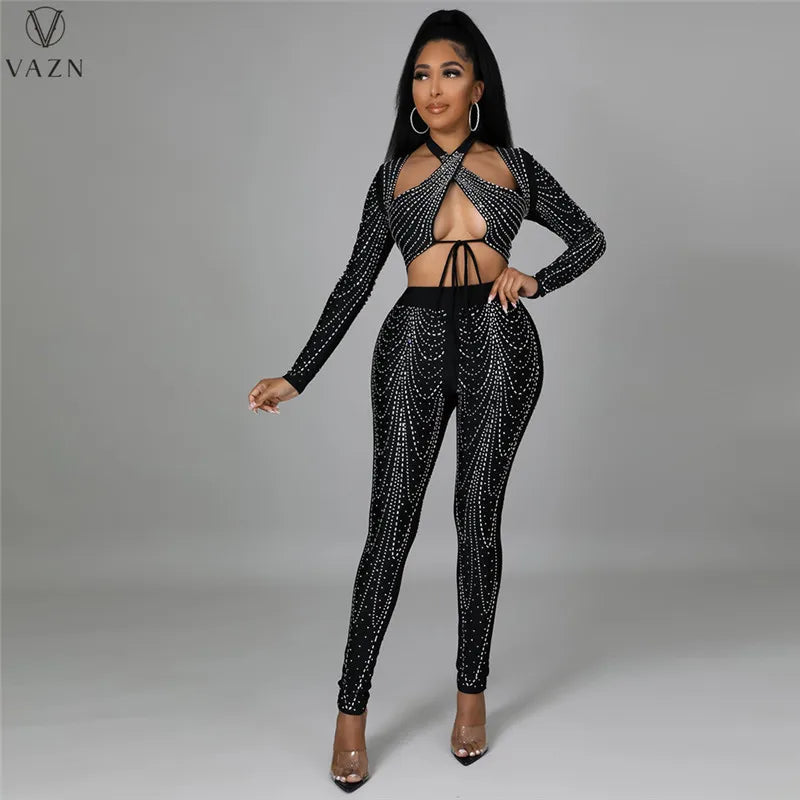 VAZN 2022 Women Suit Fashion Street Girl Style Sets Long Sleeve Short Top Zipper Long Pants Appliques Pure Color Two Piece Sets