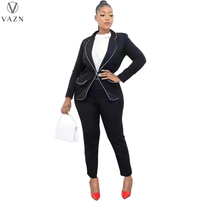 VAZN New 2022 Ladies Fashion Casual Street Style Women Suit Long Sleeve Lapel Elastic Long Pants Pure Color 2 Piece Sets