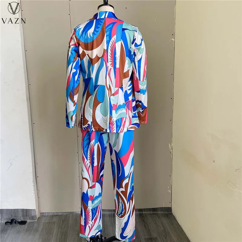 VAZN 2022 Printed Spring Women Suit New Street Casual Style New Long Sleeve Lapel Top Buttons Long Pants Two Piece Sets