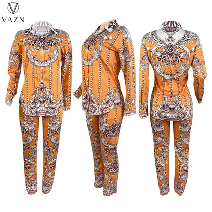 VAZN New 2021 Ladies Spring Fashion Street Casual Style Women Suit Long Sleeve Lapel Top Elastic Long Pants Two Piece Sets