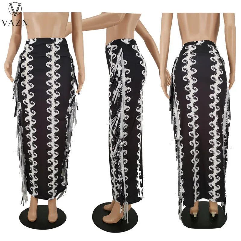 VAZN 2021 Women Fashion New Sexy High Street Style Long Skirt Elastic High Waist Printed Tight Ankle Length Skirt