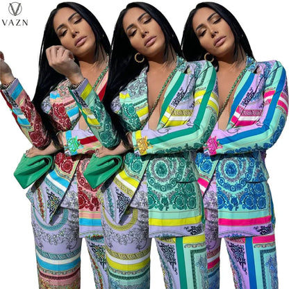 VAZN New 2021 Ladies Spring Fashion Street Casual Style Women Suit Long Sleeve Lapel Top Elastic Long Pants Printed Sets