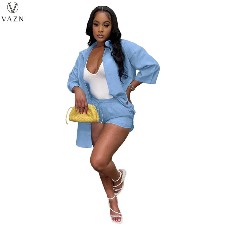 VAZN  2021 New Women Street Casual Style Sets Long Sleeve Lapel Shirt Elastic Short Pants Pure Color Two Piece Sets