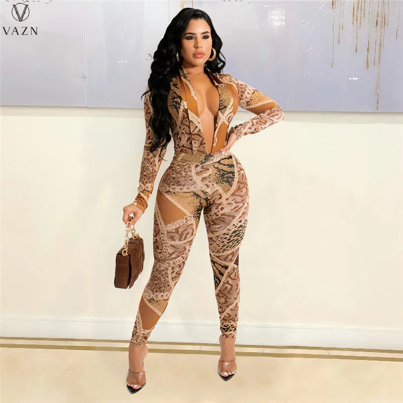 VAZN New 2021 Ladies Fashion Street Casual Style Women Suit Long Sleeve Deep V Jumpsuits Elastic Long Pants Printed 2 Piece Set