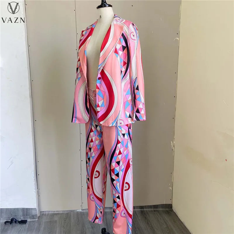 VAZN 2022 Printed Spring Women Suit New Street Casual Style New Long Sleeve Lapel Top Buttons Long Pants Two Piece Sets