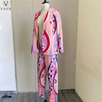 VAZN 2022 Printed Spring Women Suit New Street Casual Style New Long Sleeve Lapel Top Buttons Long Pants Two Piece Sets