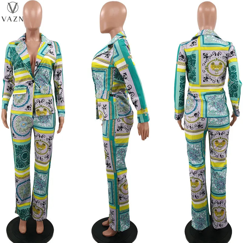 VAZN New 2021 Ladies Spring Fashion Street Casual Style Women Suit Long Sleeve Lapel Top Elastic Long Pants Printed Sets