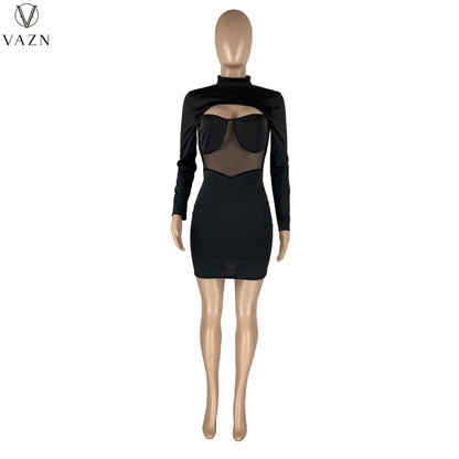 VAZN 2021 Ladies New Fashion Women Sexy Girl Style Short Dress Long Sleeve High Collar Dress Hollow Out Mini Short Dress