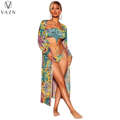 VAZN 2022 Sexy Holiday Beach Style Women Suit Sleeveless Hollow Out Jumpsuits Long Outwear Leopard Grain Lady 2 Piece Set