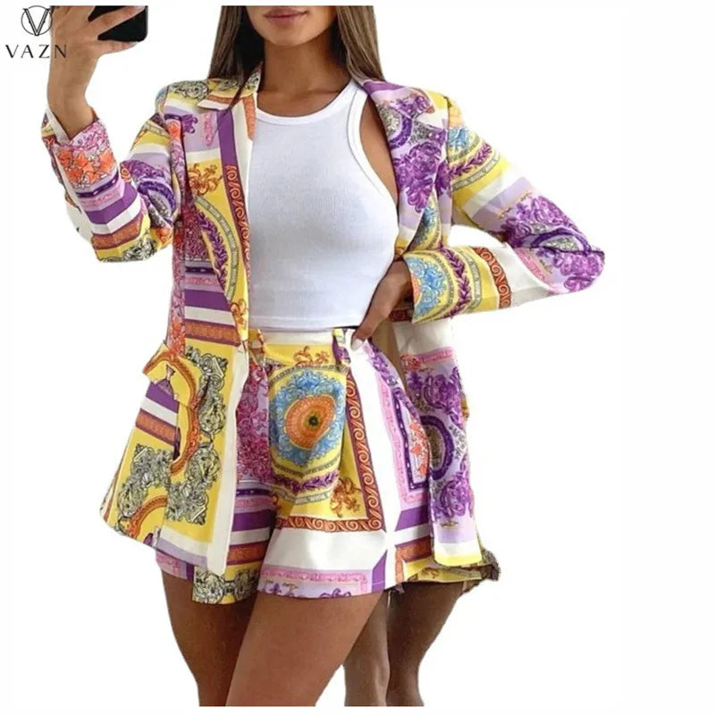 VAZN New 2021 Ladies Spring Fashion Street Girl Style Women Suit Long Sleeve lapel Top buttons short Pants Printed Sets