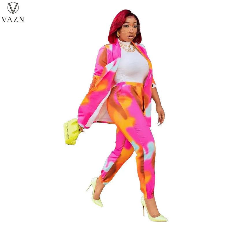 VAZN 2021 Women New Fashion Street Casual Style Sets Long Sleeve Lapel Outwear Elastic Long Pants Printed Two Piece Sets