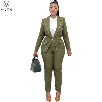 VAZN New 2022 Ladies Fashion Casual Street Style Women Suit Long Sleeve Lapel Elastic Long Pants Pure Color 2 Piece Sets