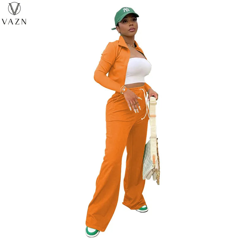 VAZN New 2021 Ladies Fashion Street Casual Style Women Suit Long Sleeve Lapel Zipper Top Elastic Long Pants Two Piece Sets