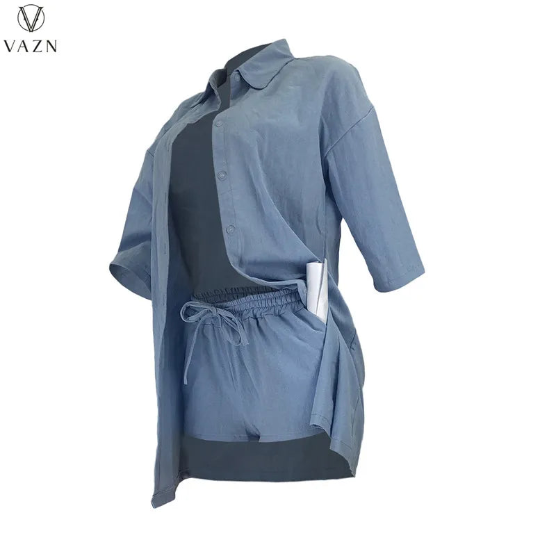 VAZN  2021 New Women Street Casual Style Sets Long Sleeve Lapel Shirt Elastic Short Pants Pure Color Two Piece Sets