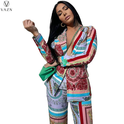 VAZN New 2021 Ladies Spring Fashion Street Casual Style Women Suit Long Sleeve Lapel Top Elastic Long Pants Printed Sets