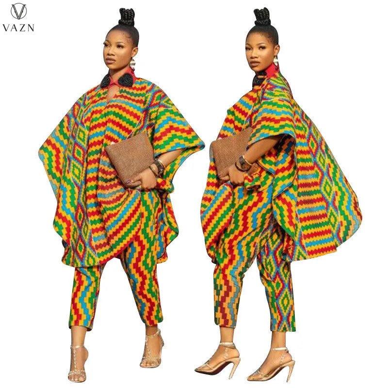 VAZN New 2021 Ladies Spring Fashion Street Casual Style Women Suit Long Sleeve Lapel Top Elastic Long Pants Printed Sets