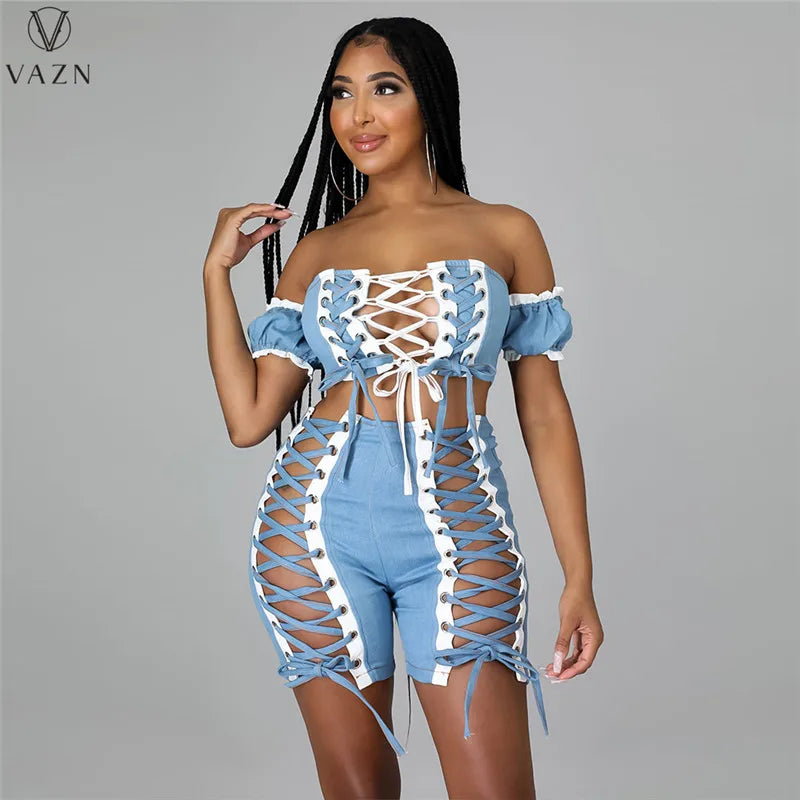 VAZN 2022 Hollow Out Sexy Street Style Women Suit Short Sleeve Card Shoulder Top Zipper Short Pants Pure Color Lady 2 Piece Set