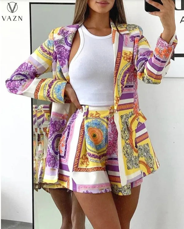 VAZN New 2021 Ladies Spring Fashion Street Girl Style Women Suit Long Sleeve lapel Top buttons short Pants Printed Sets