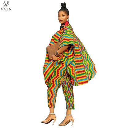 VAZN New 2021 Ladies Spring Fashion Street Casual Style Women Suit Long Sleeve Lapel Top Elastic Long Pants Printed Sets