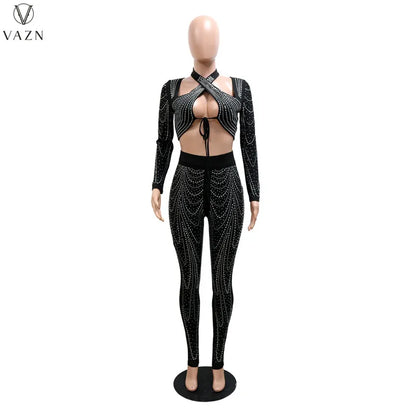 VAZN 2022 Women Suit Fashion Street Girl Style Sets Long Sleeve Short Top Zipper Long Pants Appliques Pure Color Two Piece Sets