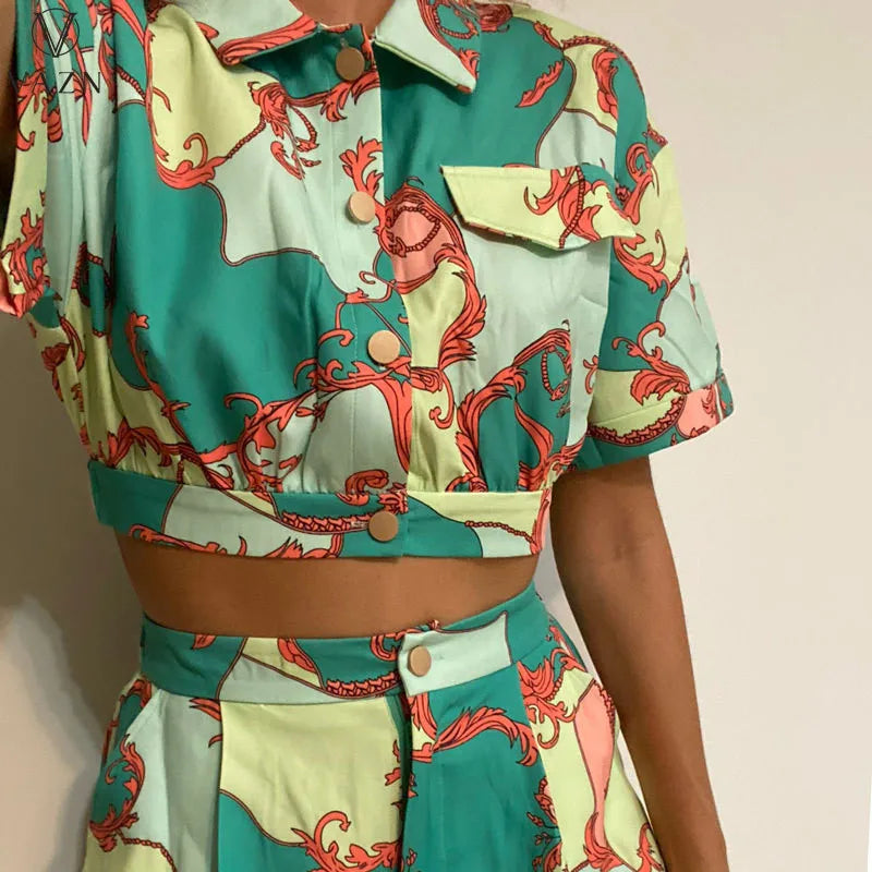 VAZN 2022 Street Casual Style Women Suit Short Sleeve Lapel Short Top Buttons Short Pants Printed Lady Two Piece Sets