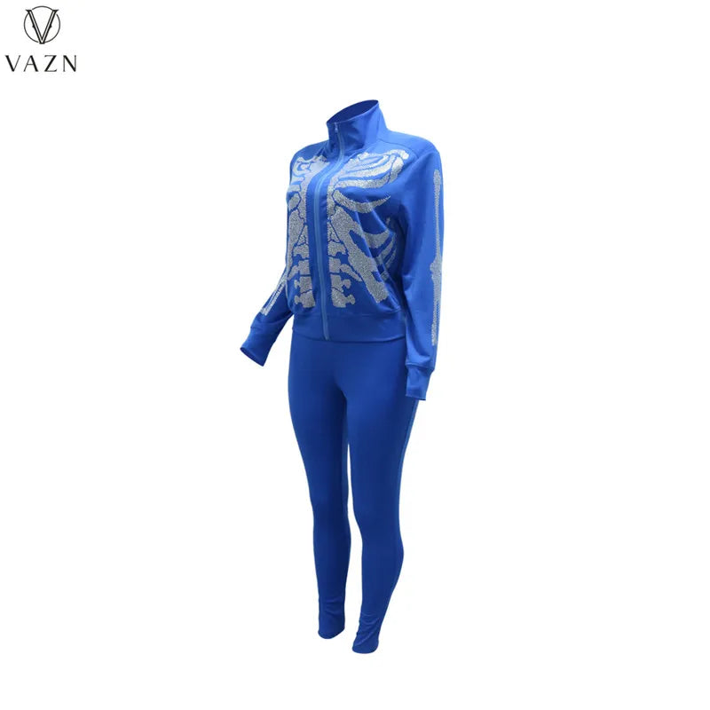 VAZN 2022 Printed Spring Women Suit New Street Casual Style New Long Sleeve Zipper Top Elastic Long Pants Two Piece Sets