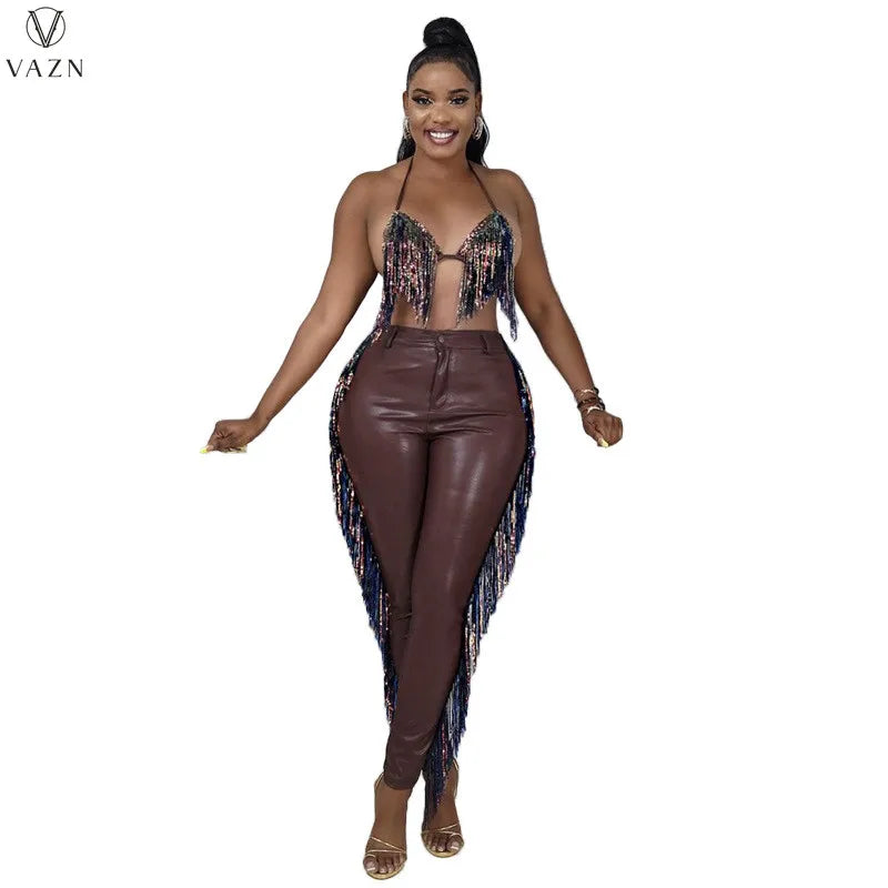 VAZN 2022 Fashion Sexy Holiday Style Sets Summer New Sleeveless Short Top Buttons Long Pants Pure Color Two Piece Sets