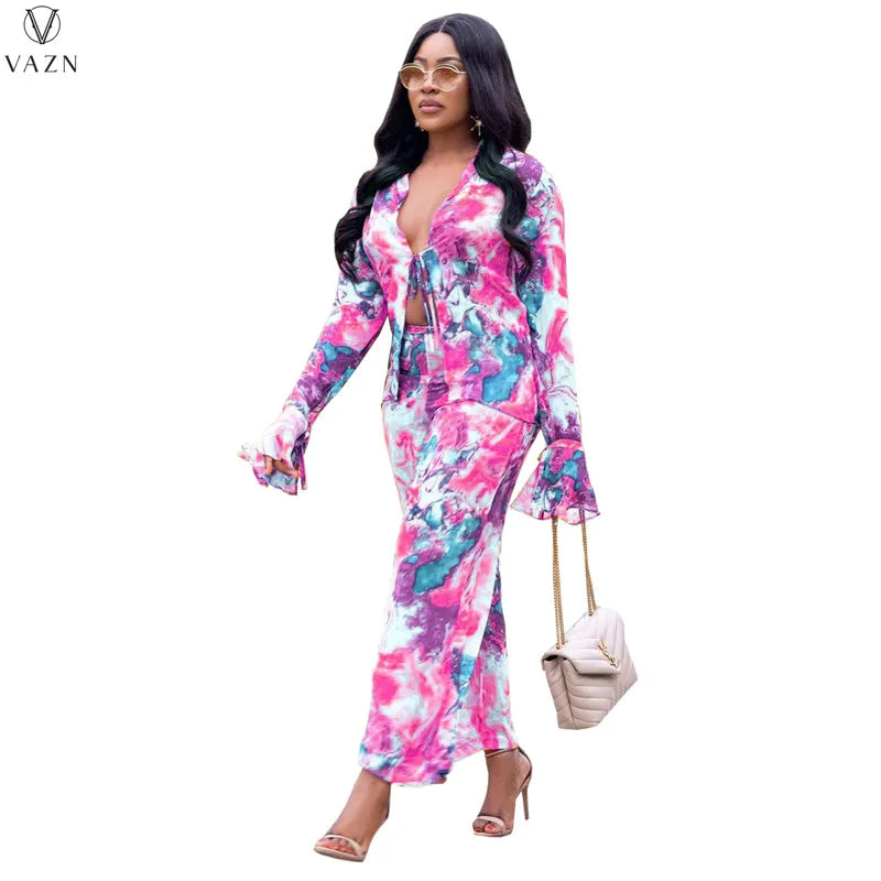 VAZN 2021 Women New Fashion Sexy Holiday Style Sets Sleeveless Strapless Short Top Elastic Long Pants Printed Two Piece Sets