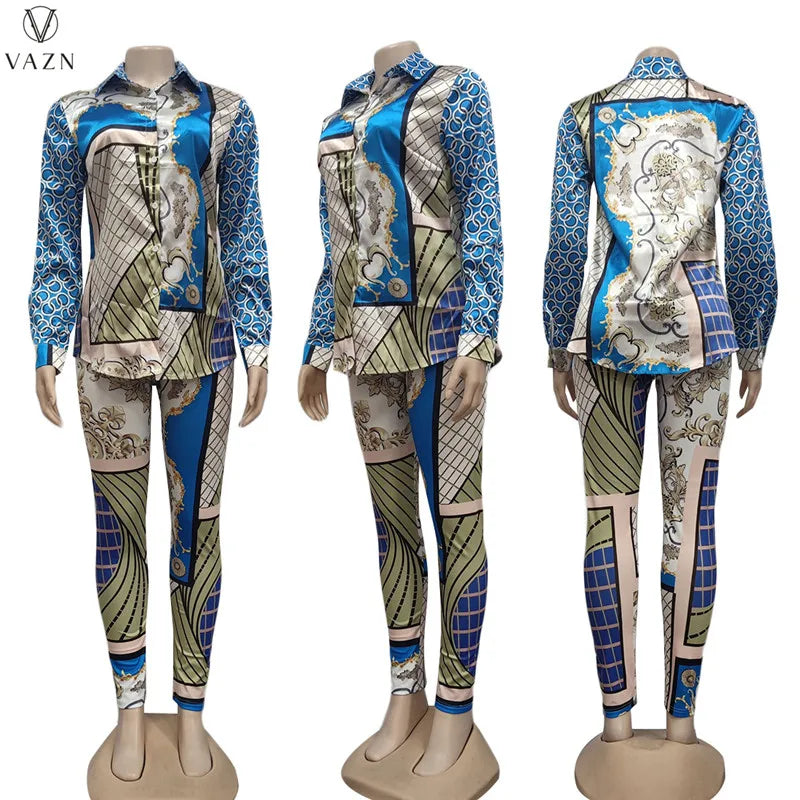 VAZN New 2021 Ladies Spring Fashion Street Casual Style Women Suit Long Sleeve Lapel Top Elastic Long Pants Printed Sets