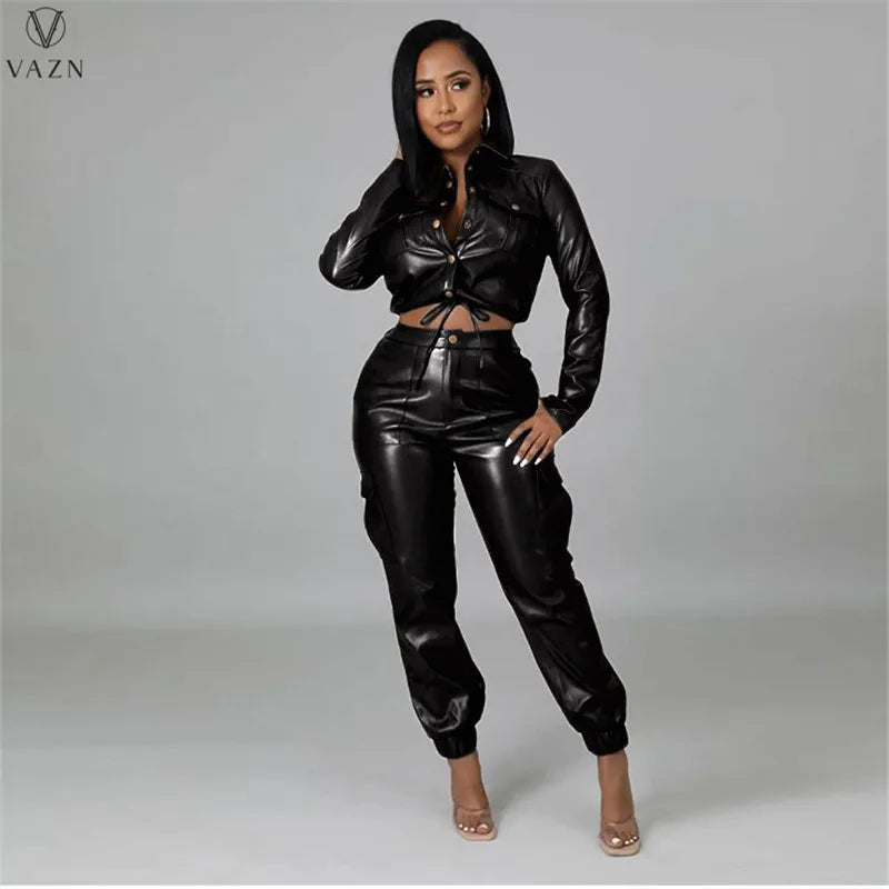 VAZN 2022 Women Fashion Hot Sale Street Casual Style Sets Long Sleeve Lapel Top Buttons Long Pants Pure Color Women Suit