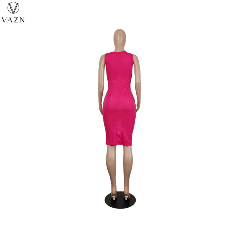 VAZN 2022 Pure Color Lady Dress Women Fashion New Street Girl Style Long Dress Sleeveless V Neck Mid Long Dress