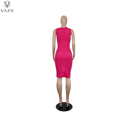 VAZN 2022 Pure Color Lady Dress Women Fashion New Street Girl Style Long Dress Sleeveless V Neck Mid Long Dress