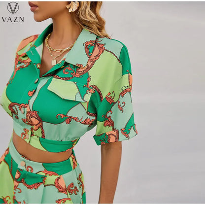 VAZN 2022 Street Casual Style Women Suit Short Sleeve Lapel Short Top Buttons Short Pants Printed Lady Two Piece Sets