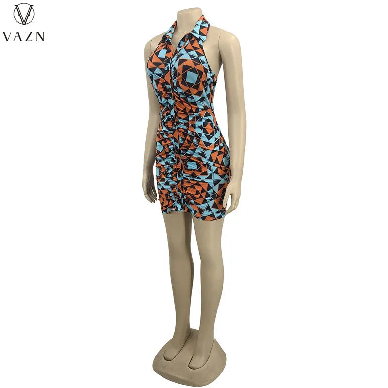 VAZN 2022 Dew Back New Fashion Women Sexy Street Style Short Dress Sleeveless Lapel Dress Printed Mini Short Dress