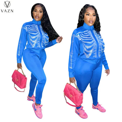 VAZN 2022 Printed Spring Women Suit New Street Casual Style New Long Sleeve Zipper Top Elastic Long Pants Two Piece Sets