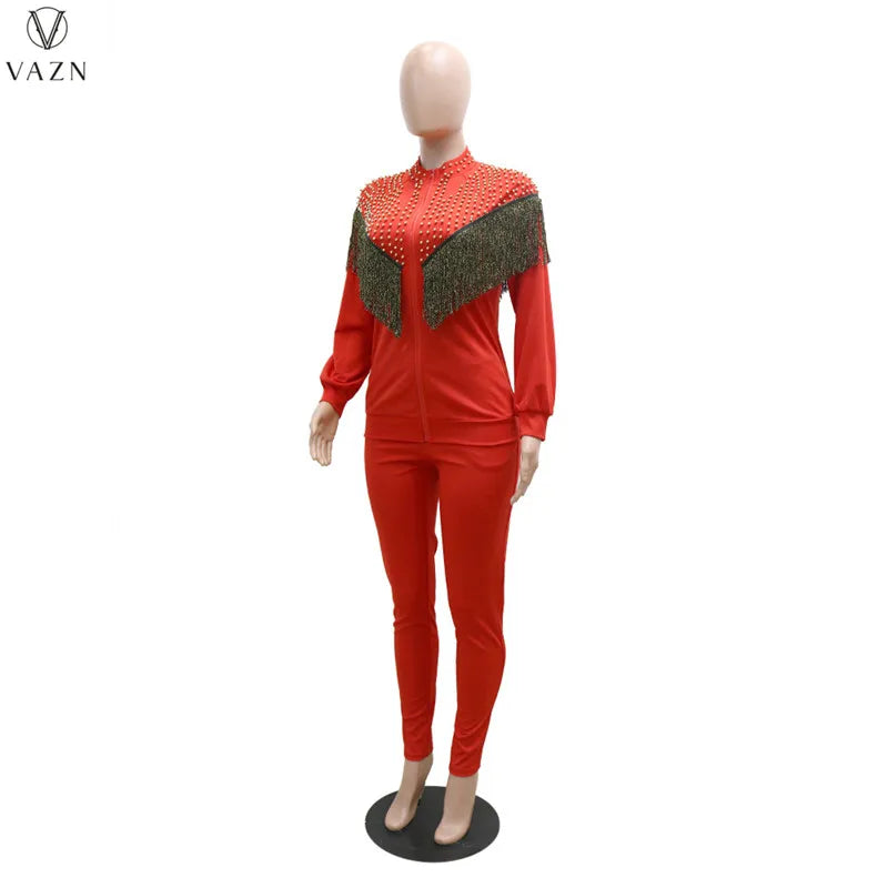 VAZN New 2021 Ladies Spring Fashion Street Casual Style Women Suit Long Sleeve Zipper Top Elastic Long Pants Two Piece Sets