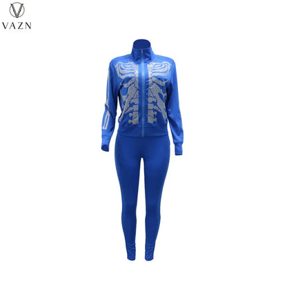 VAZN 2022 Printed Spring Women Suit New Street Casual Style New Long Sleeve Zipper Top Elastic Long Pants Two Piece Sets