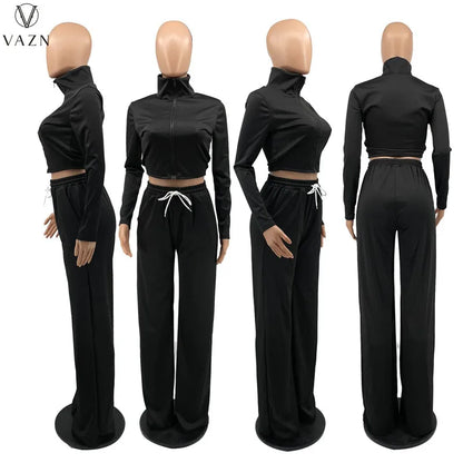 VAZN New 2021 Ladies Fashion Street Casual Style Women Suit Long Sleeve Lapel Zipper Top Elastic Long Pants Two Piece Sets