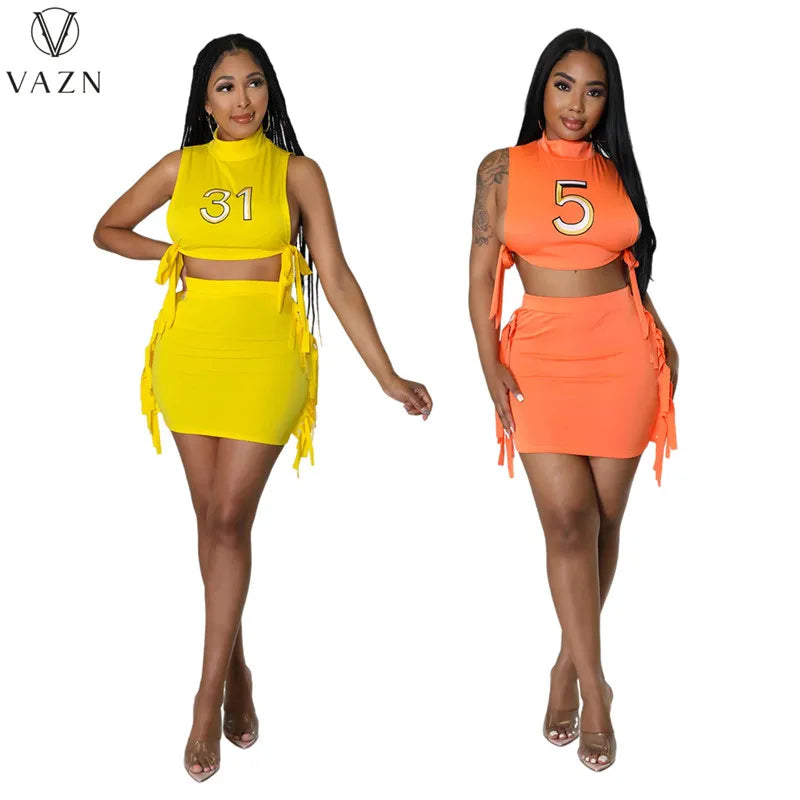 VAZN 2022 New Sexy Street Style Women Suit Sleeveless Vest Type Short Top Elastic Mini Short Skirt Two Piece Set