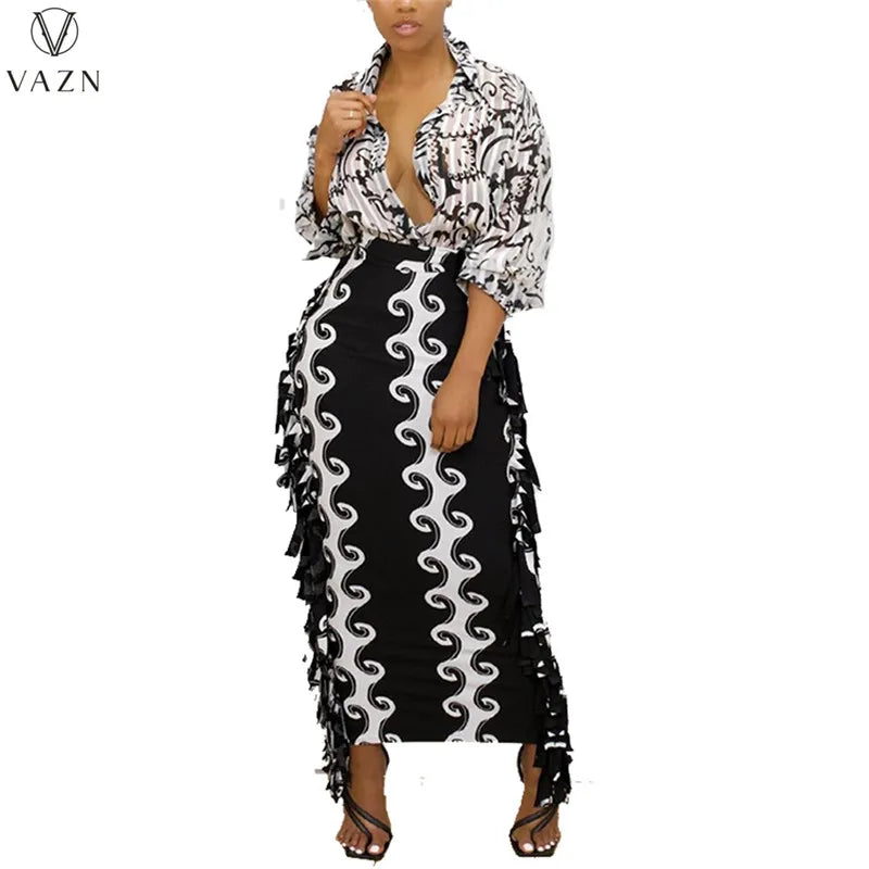 VAZN 2021 Women Fashion New Sexy High Street Style Long Skirt Elastic High Waist Printed Tight Ankle Length Skirt